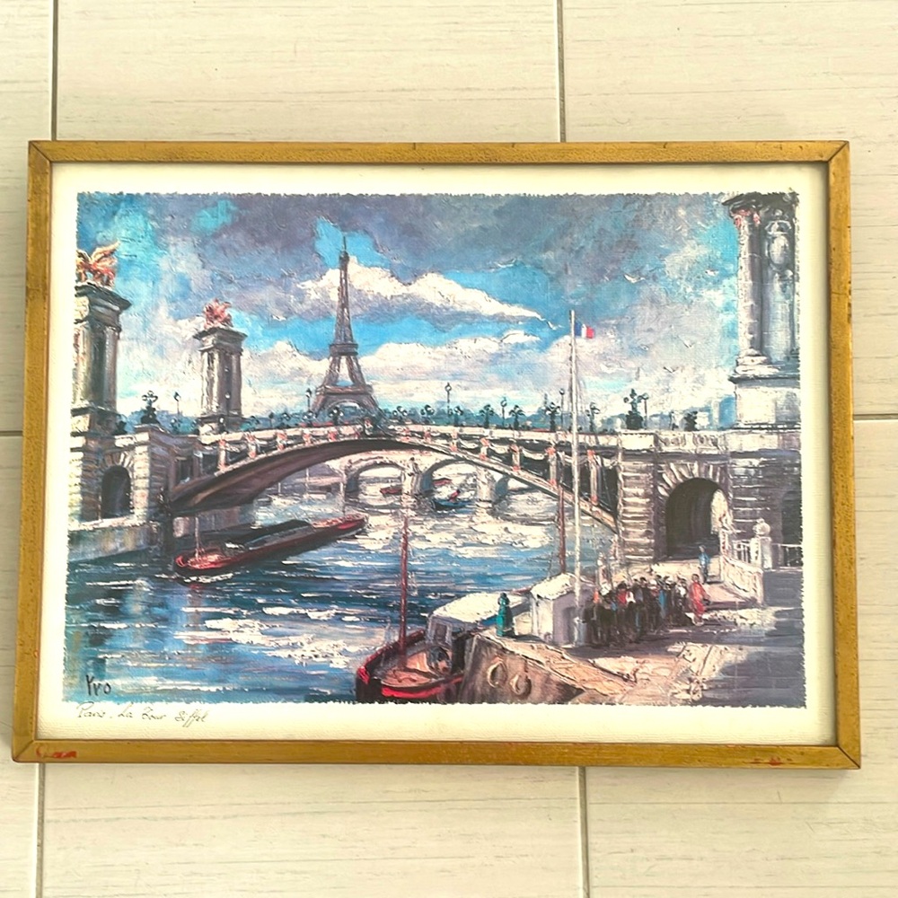 Vintage Paris La Tour Eiffel Art Print - Signed YVO - Antique Gold Wooden Frame